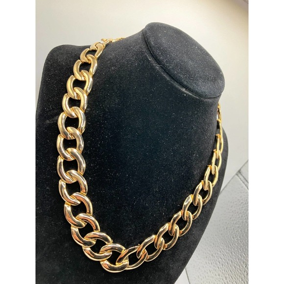 Necklace Vintage Cuban Link Metal Wide Winter Fall Bib Choker Gold-Tone 18" - Picture 4 of 7